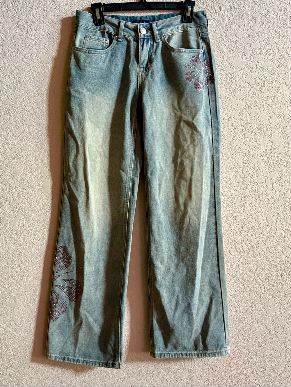 Aeropostale Baggy Wide Leg Jeans Women XS Rhinestone Hibiscus Bling Coconut Girl